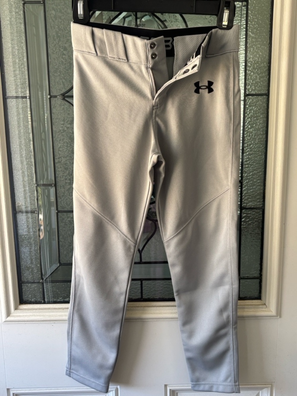 Boys Under Armour Light Gray Youth Baseball Pants with Black Logo